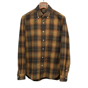 Buttoned collar shirt in brown and orange shadow plaid cotton flannel