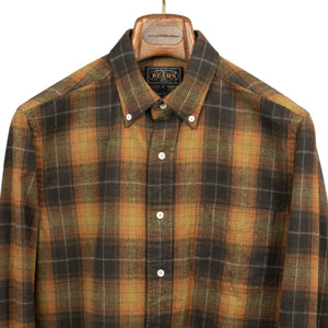 Buttoned collar shirt in brown and orange shadow plaid cotton flannel