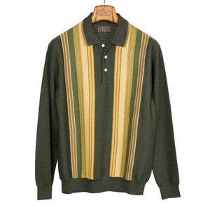 Knit polo in green retro stripe wool