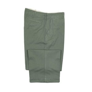 Military flat front trousers in Sage green cotton herringbone