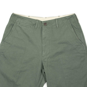 Military flat front trousers in Sage green cotton herringbone (restock)
