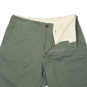 Military flat front trousers in Sage green cotton herringbone