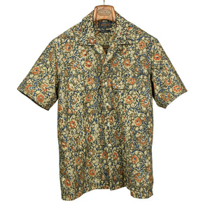 Open collar short sleeve shirt in olive block printed cotton