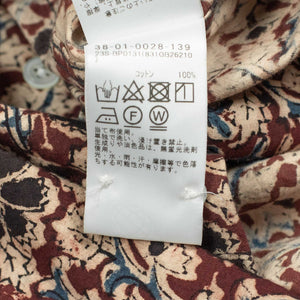 Open collar short sleeve shirt in burgundy block printed cotton