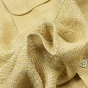 Open collar short sleeve shirt in yellow linen twill