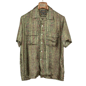 Batik open collar short sleeve shirt in olive and brown printed silk