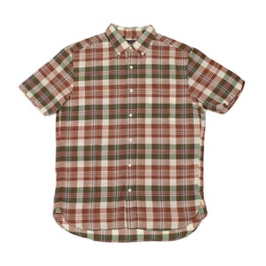 Buttoned collar short sleeve Madras cotton shirt in brown plaid