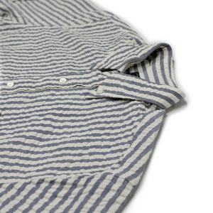 Short sleeve popover shirt in blue bengal stripe seersucker (restock)