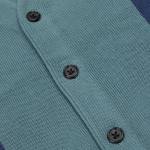 Cardigan in teal cotton with blue racing stripes