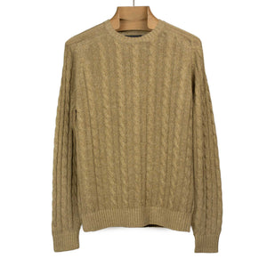 Crewneck cable knit sweater in khaki linen and cotton