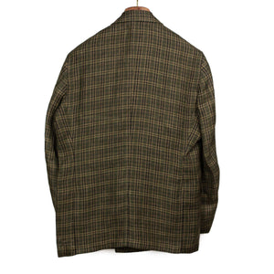 Double-breasted relaxed jacket in dark olive plaid open-weave linen