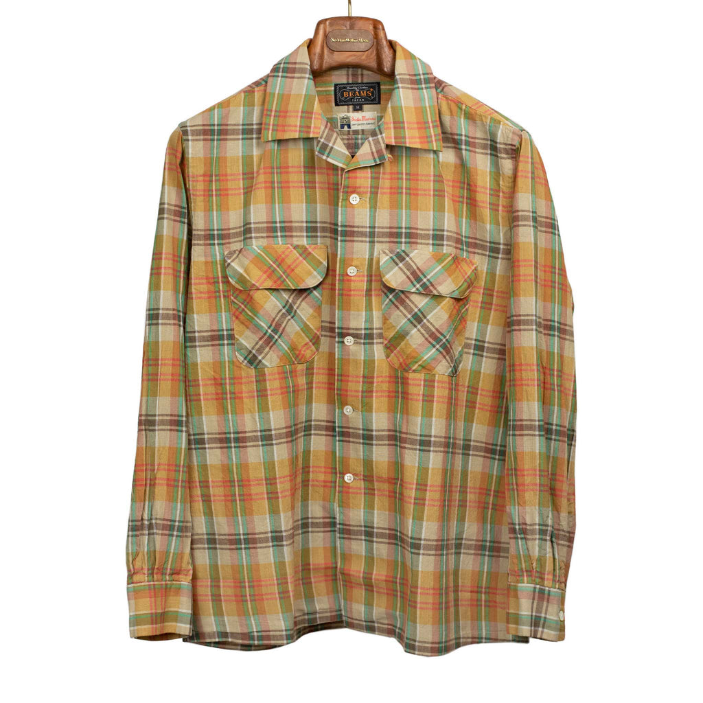 Beams Plus Open collar long sleeve Madras cotton shirt in mustard