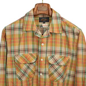 Open collar long sleeve Madras cotton shirt in mustard check