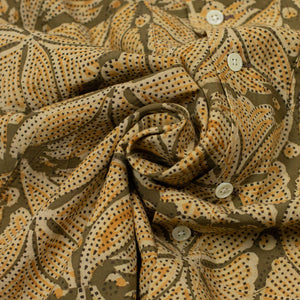 Open collar short sleeve shirt in ochre block printed cotton