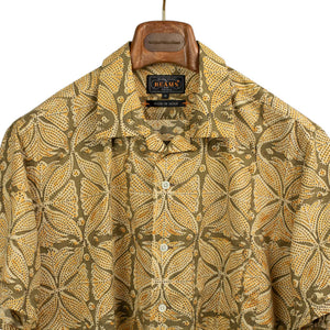 Open collar short sleeve shirt in ochre block printed cotton