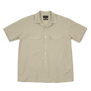 Open collar shirt in sand garment-dyed panama cotton flax