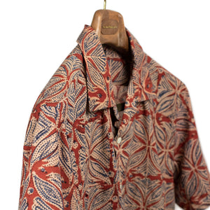Open collar short sleeve shirt in vermilion block printed cotton