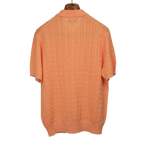 Short sleeve cable knit polo in pale orange linen and cotton