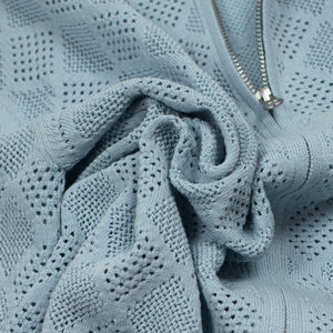 Zip knit polo in sax blue mesh patterned cotton