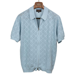 Zip knit polo in sax blue mesh patterned cotton