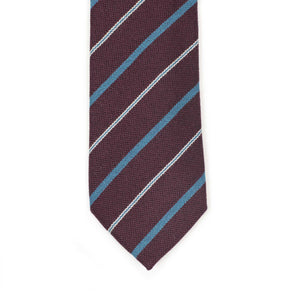 Maroon pure cashmere tie, blue and white stripes