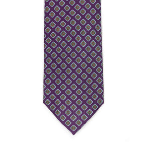Purple silk tie, green and orange neat print