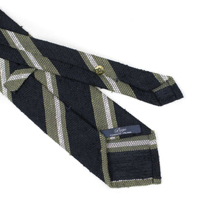 Navy untipped raw silk grenadine tie with olive and white stripes