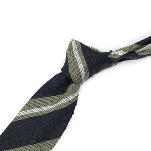 Navy untipped raw silk grenadine tie with olive and white stripes