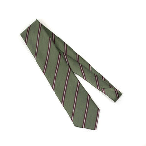 Olive linen and silk herringbone tie with brown and silver grosgrain stripes