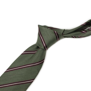 Olive linen and silk herringbone tie with brown and silver grosgrain stripes
