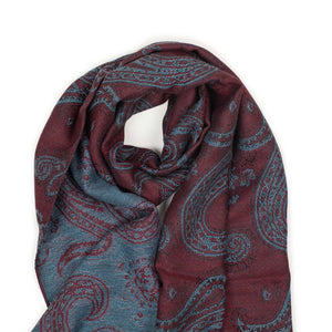 Wool & silk reversible scarf, wine and blue with large paisley jacquard motifs