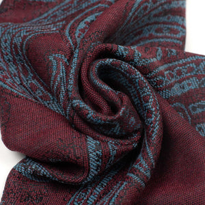 Wool & silk reversible scarf, wine and blue with large paisley jacquard motifs