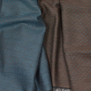 Wool & silk reversible stole, brown and blue with jacquard dots