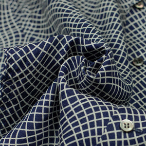 Camp collar shirt in Minamo Bassen check printed indigo linen