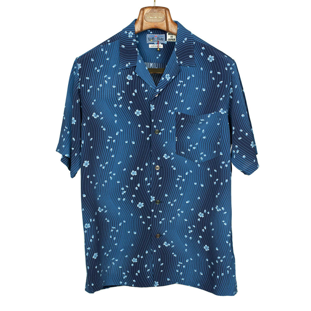 Blue Blue Japan Camp collar shirt in Minamo Sakura printed indigo rayon ...