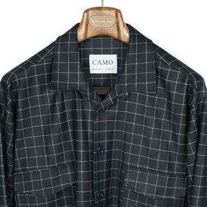 Exclusive Meydan relaxed overshirt in deadstock deep navy wool and cotton windowpane