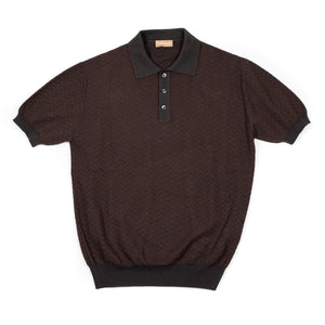 Christian Kimber SS26 Chevron knit polo in chocolate and brick