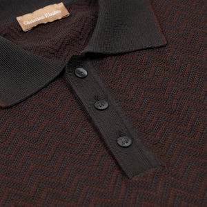 Christian Kimber SS26 Chevron knit polo in chocolate and brick