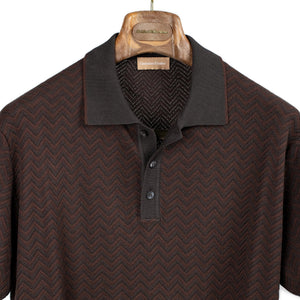 Christian Kimber SS26 Chevron knit polo in chocolate and brick