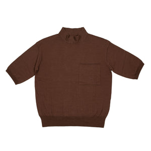 Short sleeve mock neck tee in brown wool and cotton knit