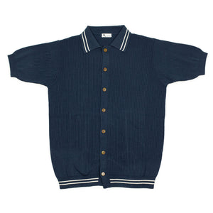 AAgar short sleeve knitted shirt in navy cotton with white collar stripes