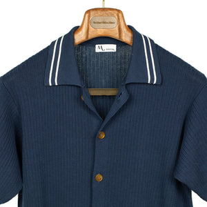 AAgar short sleeve knitted shirt in navy cotton with white collar stripes