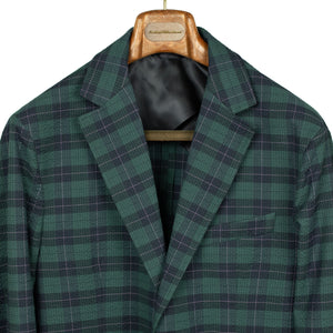 AAuro unstructured sport coat in green and blue plaid cotton seersucker