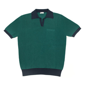 AAvio short sleeve waffle knit polo shirt in green cotton with navy edges