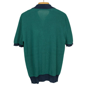 AAvio short sleeve waffle knit polo shirt in green cotton with navy edges