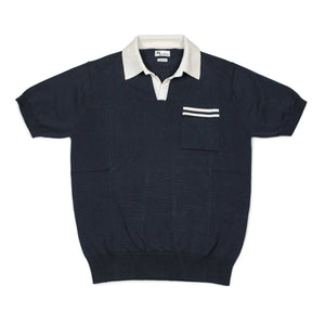 Aavio knit short sleeve polo in navy cotton with cream stripes