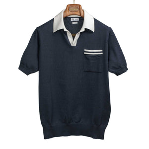 Aavio knit short sleeve polo in navy cotton with cream stripes