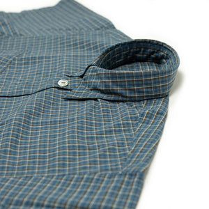 Short sleeve fatigue shirt in petrol blue, brown and white check cotton