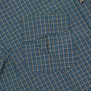 Short sleeve fatigue shirt in petrol blue, brown and white check cotton