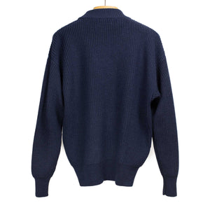 Thunderbolt ribbed crewneck sweater in navy blue wool, cashmere and silk